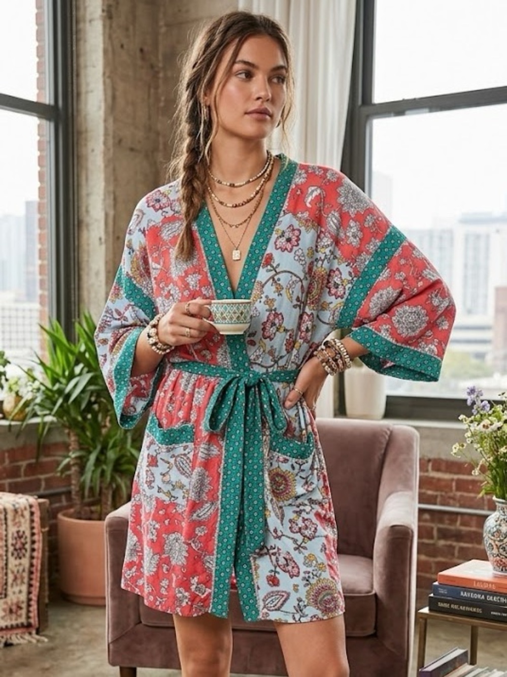 Layla Floral Patchwork Kimono Robe with Green Trim small / medium